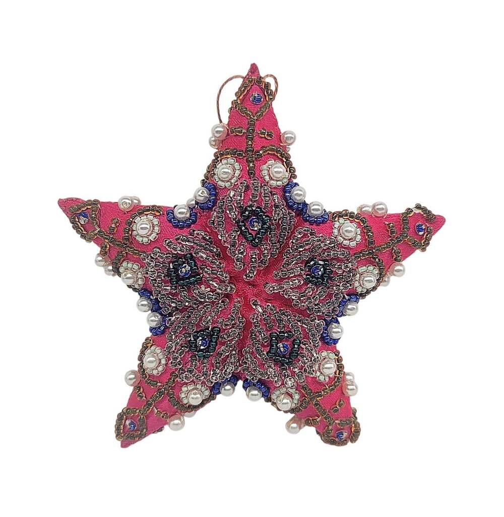 Vtg Deco Star Pink Satin Beaded Faux Pearls Both Sides Ornament Folk Art 4" CL19